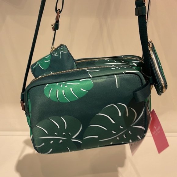 Kate Spade Chelsea Monstera Leaves Printed Nylon Camera Bag Green Multi - Picture 11 of 16